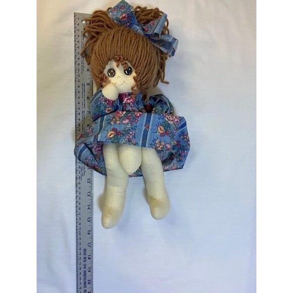 Doll Rag Vintage Handmade Cloth Soft Sculpture Blue Dress Yarn Hair button eyes - Picture 6 of 9